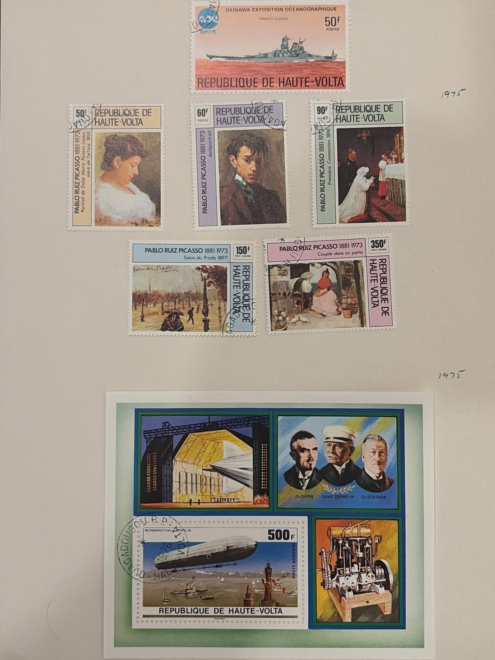 1973-1975 Upper Volta Picasso Zeppelin and Warship Stamp Collection: Collection of Upper Volta stamps and a souvenir sheet from the 1973-1975 period. Includes five Pablo Picasso commemoratives reproducing paintings, an Okinawa Oceanographic Exposition warship stamp and