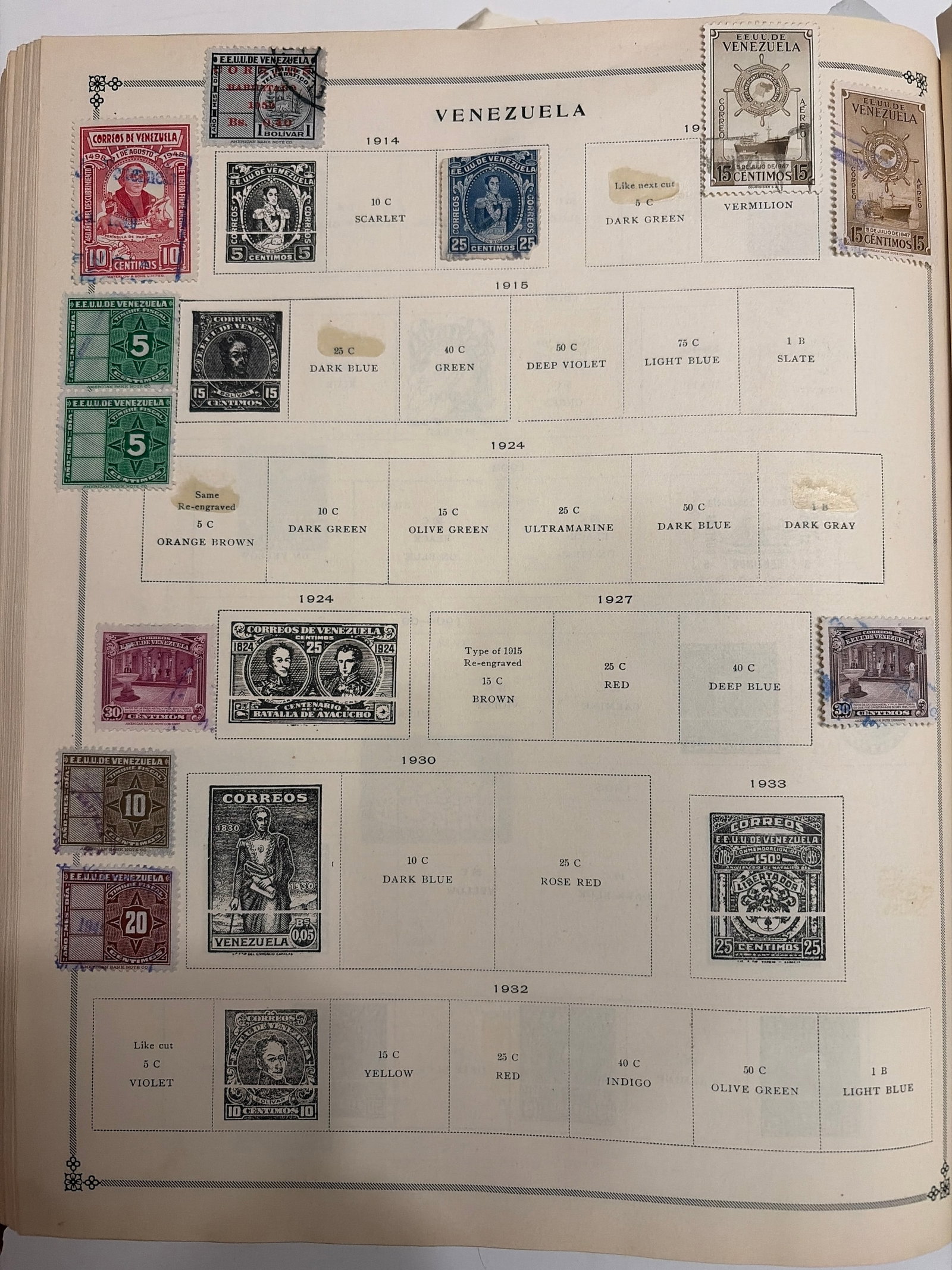 1914-1935 Venezuela Portrait Official and Commemorative Stamp Collection: Collection of Venezuelan stamps dating from approximately 1914 through 1935, including portrait issues, official stamps, overprints and architectural commemoratives. Most examples have visible postal 