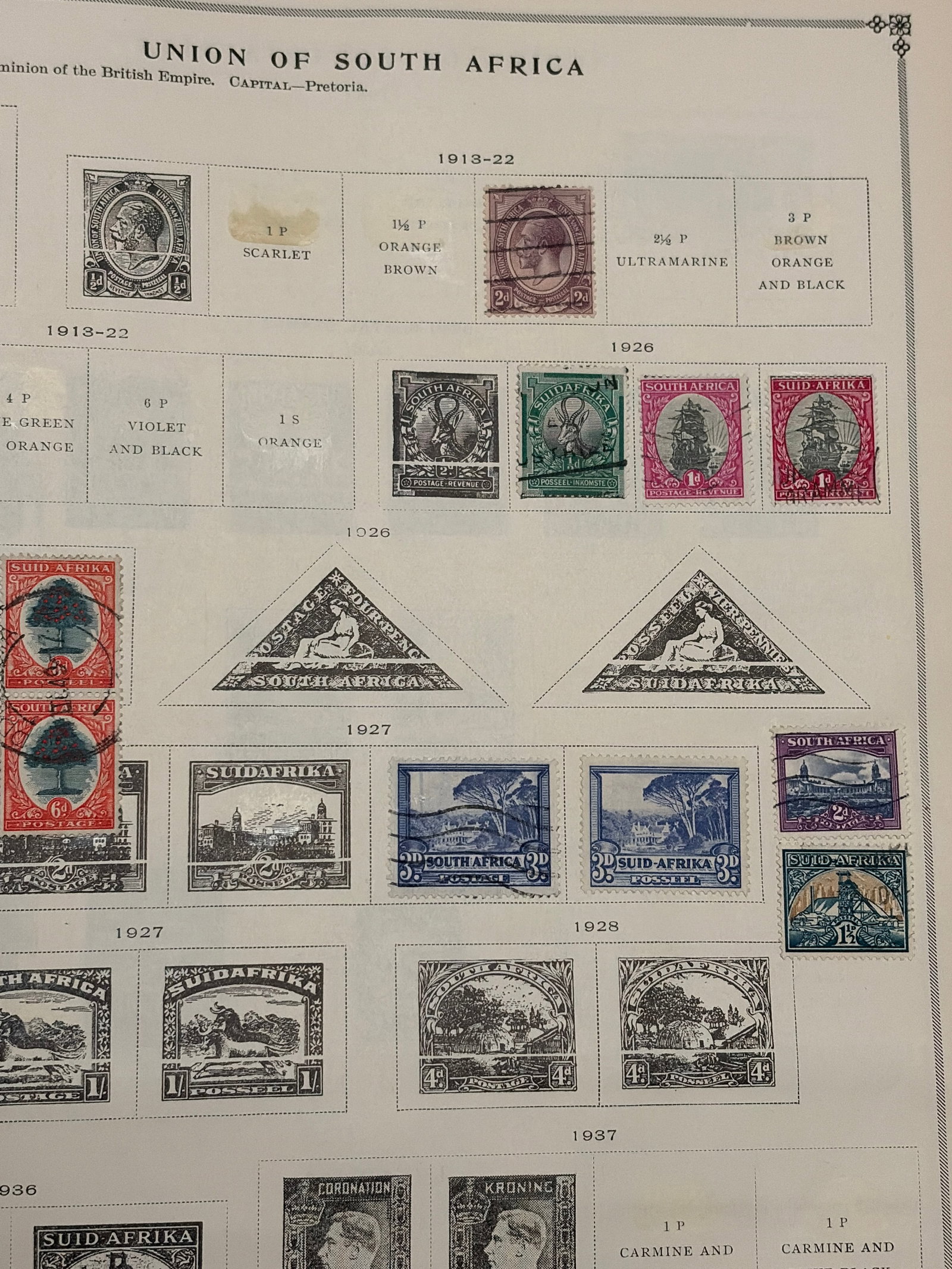 1913-1928 Union of South Africa King George V Stamp Collection: Collection of early Union of South Africa stamps from the King George V period, including portrait, tree, wildlife and scenic issues in assorted denominations and colors. Several stamps display visibl