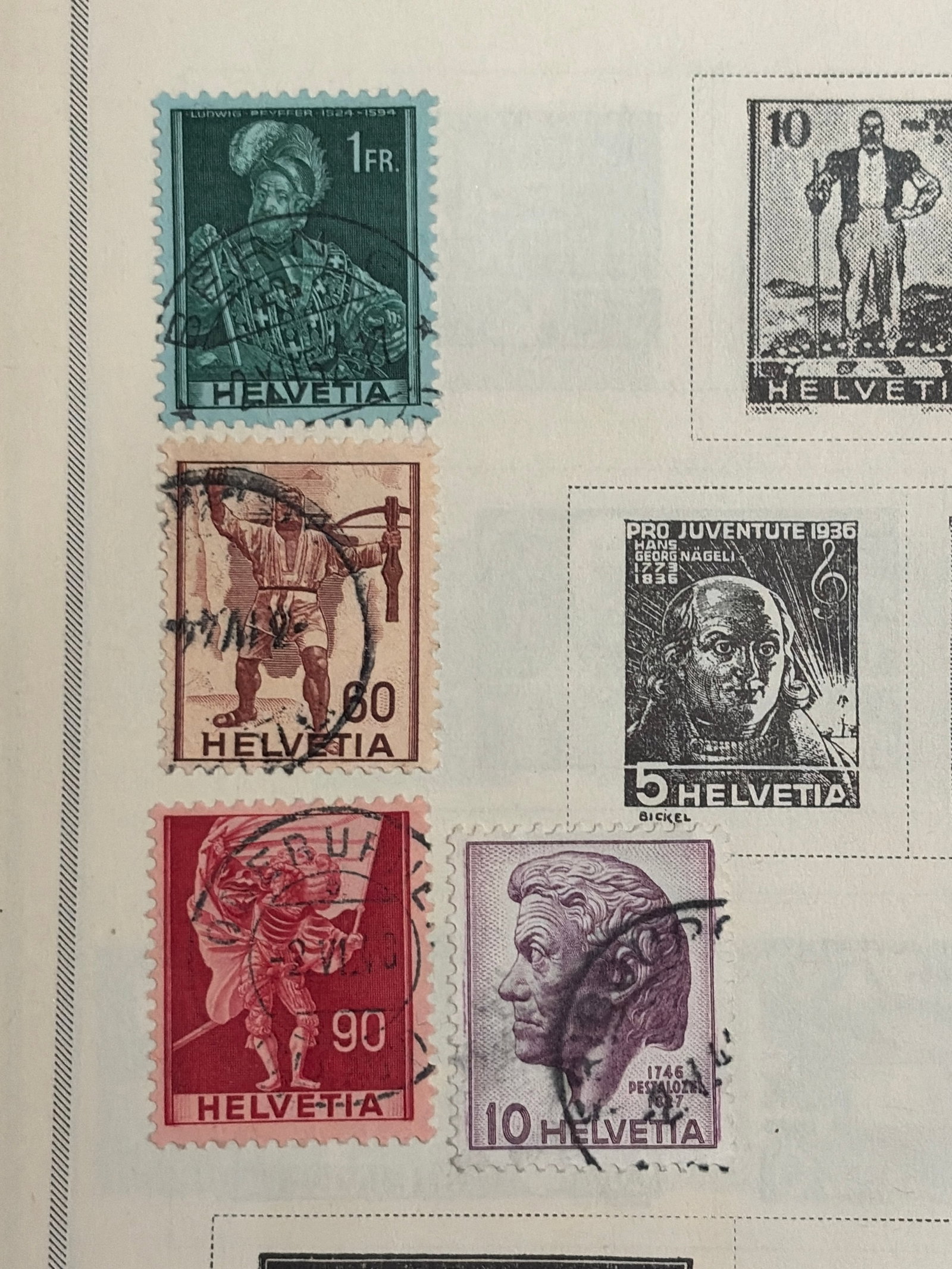 1930s Switzerland Helvetia and Pro Juventute Used Stamp Group: Group of four Swiss stamps featuring Helvetia and portrait designs in 10-centime, 60-centime, 90-centime and one-franc denominations. All four stamps have visible postal cancellations; the