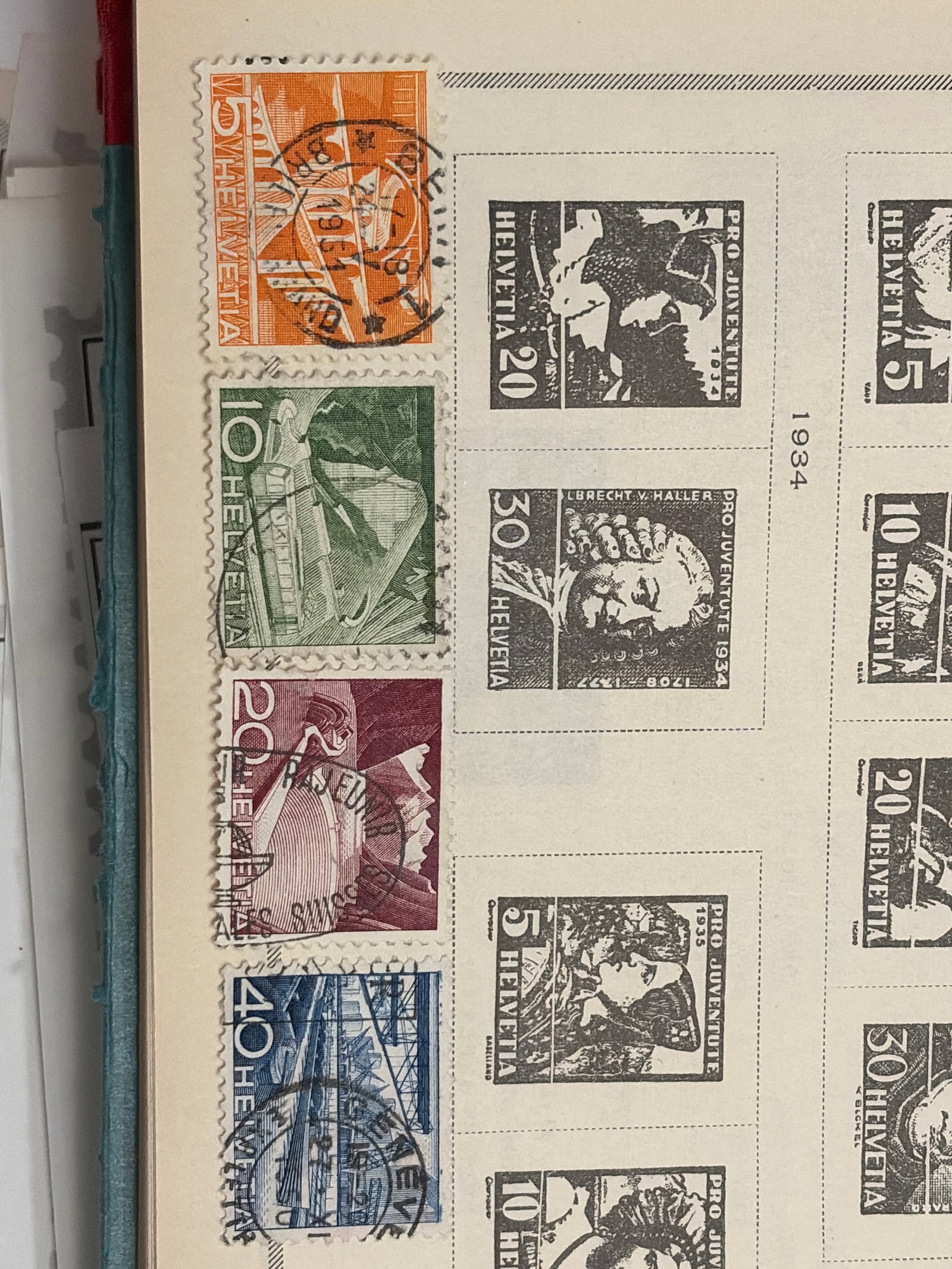 1930s Switzerland Architecture Industry and Labor Used Stamp Group: Group of five Swiss stamps in 5-, 10-, 20-, 40- and 50-centime denominations featuring architectural, industrial and labor-related designs. The stamps are shown with visible postal cancellations; the