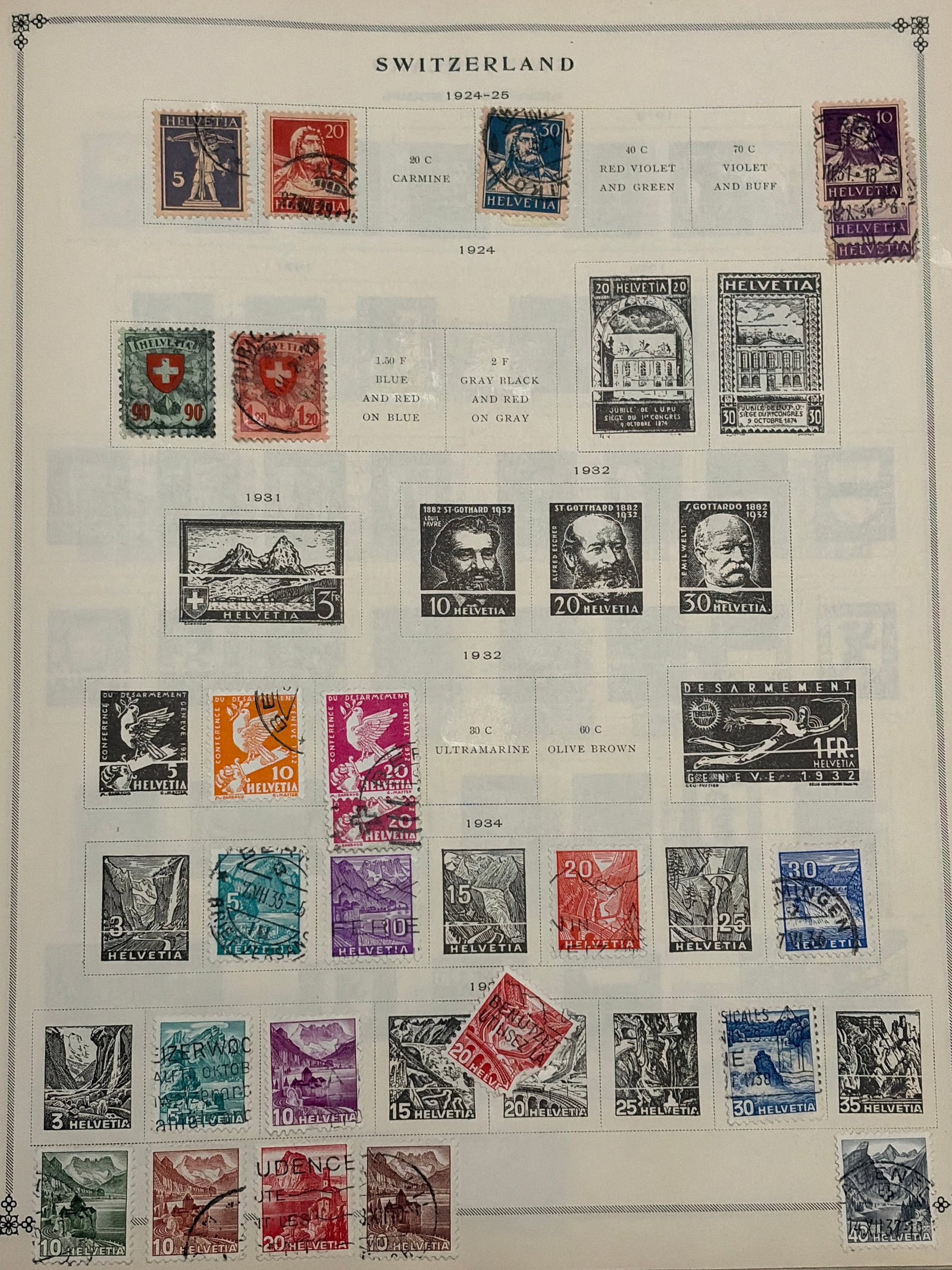 1924-1935 Switzerland Helvetia Commemorative and Disarmament Stamp Collection: Large collection of Swiss stamps from approximately 1924-1935 featuring Helvetia, national emblems, architecture, landscapes, historic figures and Conference for Disarmament designs. Includes