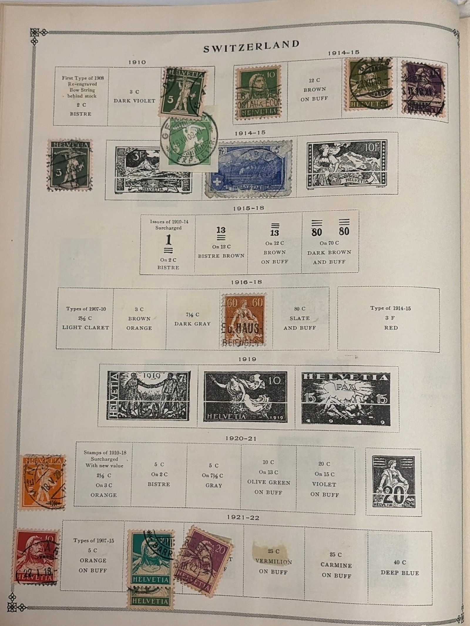 1910-1922 Switzerland Helvetia and Surcharge Used Stamp Collection: Collection of Swiss postage stamps from approximately 1910-1922 featuring Helvetia, Tell?s son, landscapes and surcharged denominations. The collection contains assorted colors and values with