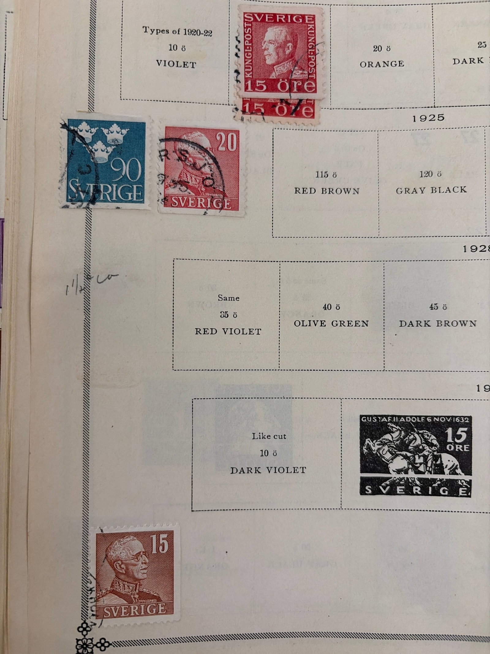 1920s-1932 Sweden King Gustav V Used Stamp Group: Group of Swedish postage stamps from the 1920s and early 1930s featuring King Gustav V portrait designs and an allegorical 30-?re issue. Includes assorted denominations and colors with visible postal 