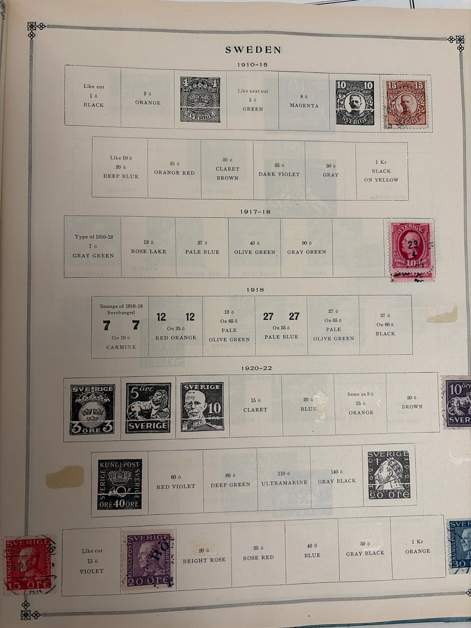 1910-1930s Sweden King Gustav V Used Stamp Collection: Collection of Swedish postage stamps from approximately 1910 through the 1930s featuring several King Gustav V portrait types and assorted denominations. Most stamps display visible postal cancellatio