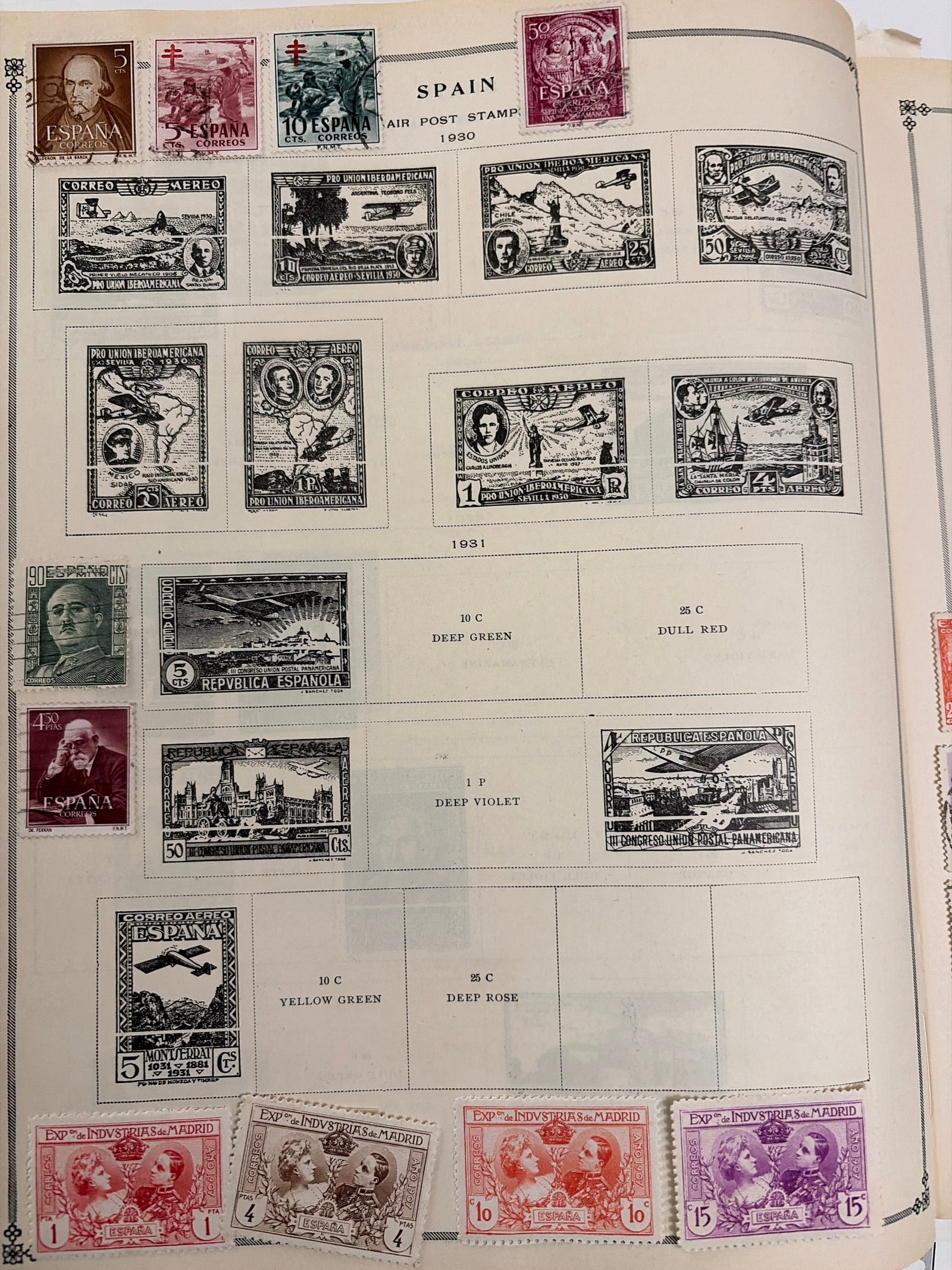 1930-1931 Spain Airmail Red Cross and Madrid Exhibition Stamp Collection: Spanish stamp group featuring airmail, Red Cross, portrait, and Madrid exhibition issues from approximately 1930-1931. Several stamps display visible postal cancellations. Black-and-white designs on