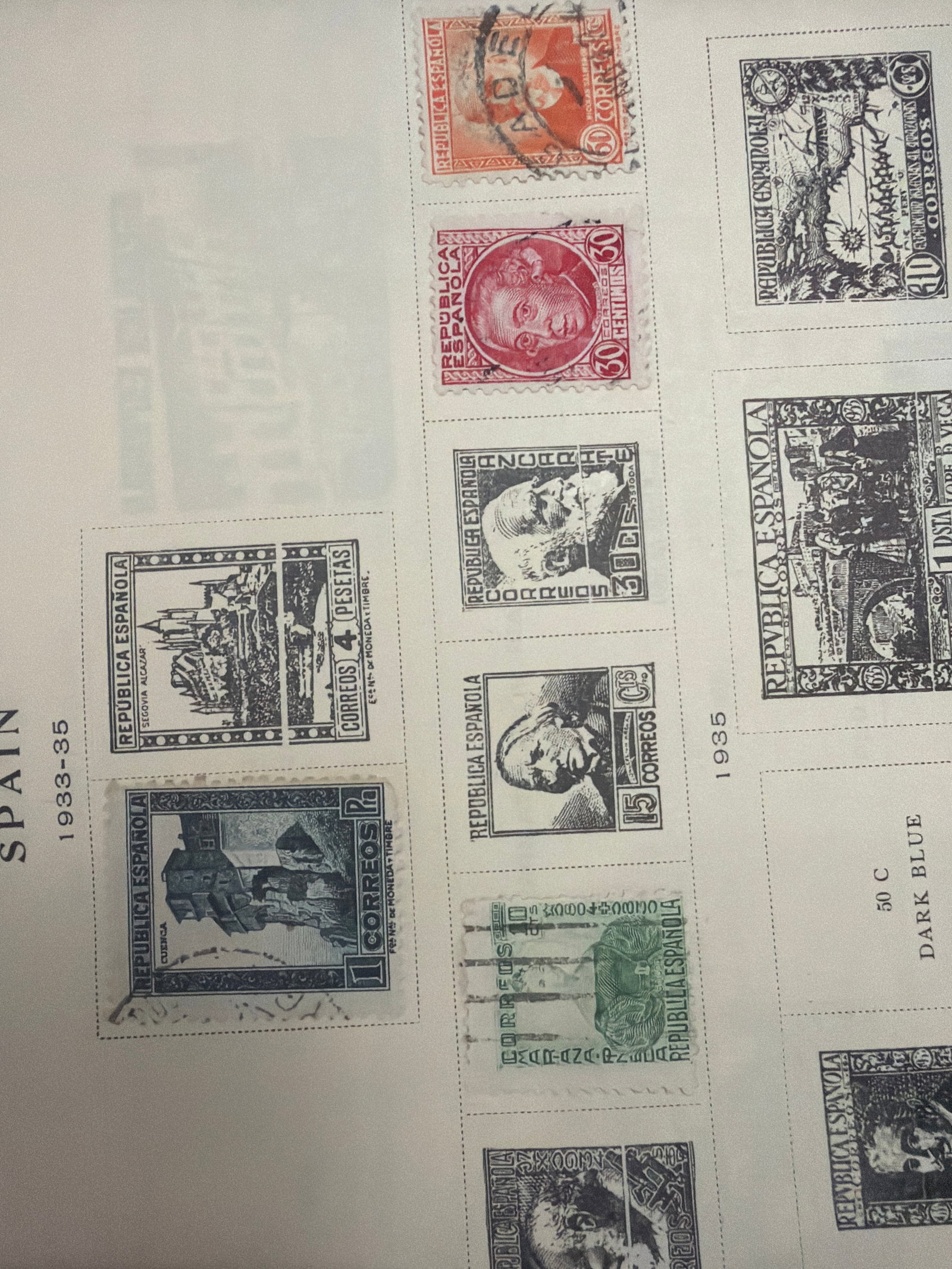 1933-1935 Spanish Republic Architecture and Portrait Stamp Collection: Spanish Republic collection featuring architectural, portrait, monument, and commemorative stamps from approximately 1933-1935. Includes both used and unused-appearing examples, with visible