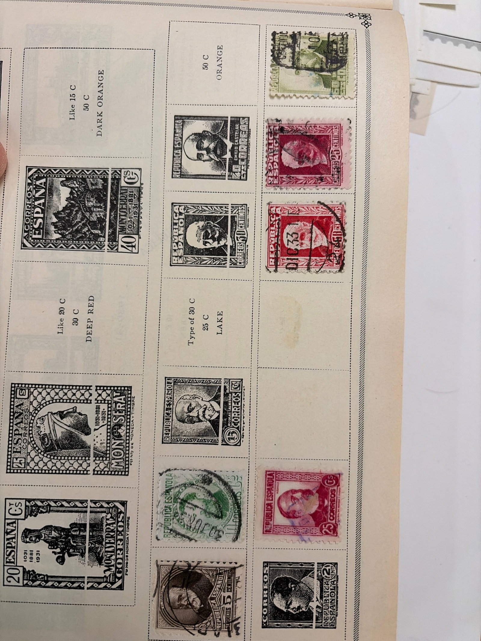 1931 Spanish Republic Portrait and Commemorative Used Stamp Collection: Spanish Republic assortment featuring portrait, personality, monument, and commemorative stamps from the early 1930s. Most examples show visible postal cancellations. Black-and-white designs on the
