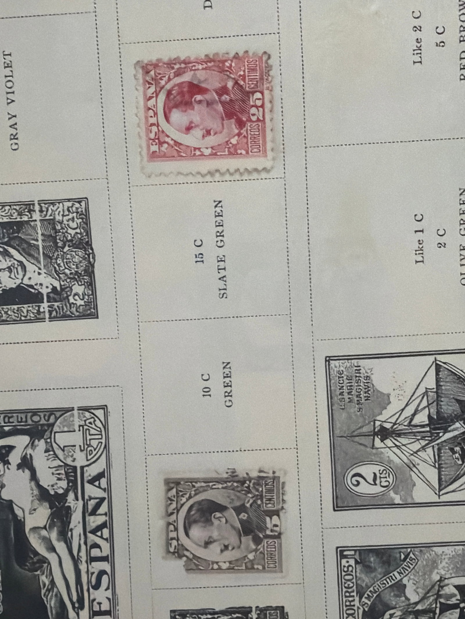 1930 Spain King Alfonso XIII 25-Centimos Portrait Stamp: Single Spanish 25-centimos carmine portrait stamp from approximately 1930 featuring King Alfonso XIII. The stamp has a visible postal cancellation. The nearby black-and-white Goya design is a printed