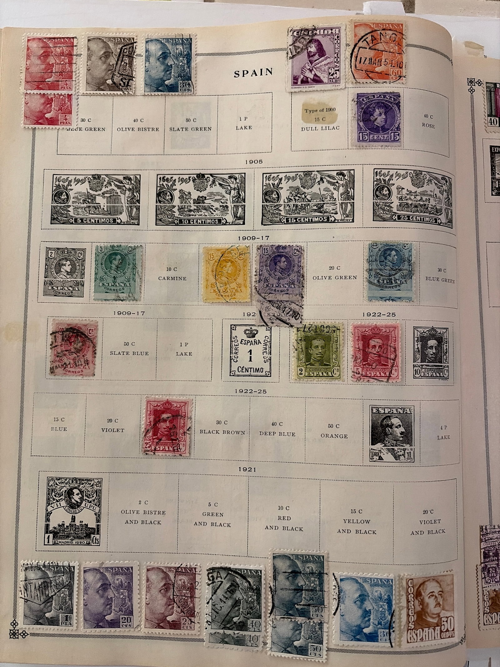 Early 20th Century Spain Alfonso XIII and Franco Used Stamp Collection: Mixed early-to-mid-20th-century Spanish collection featuring King Alfonso XIII portrait issues, commemoratives, and later General Franco stamps. Many stamps display visible postal cancellations. Print