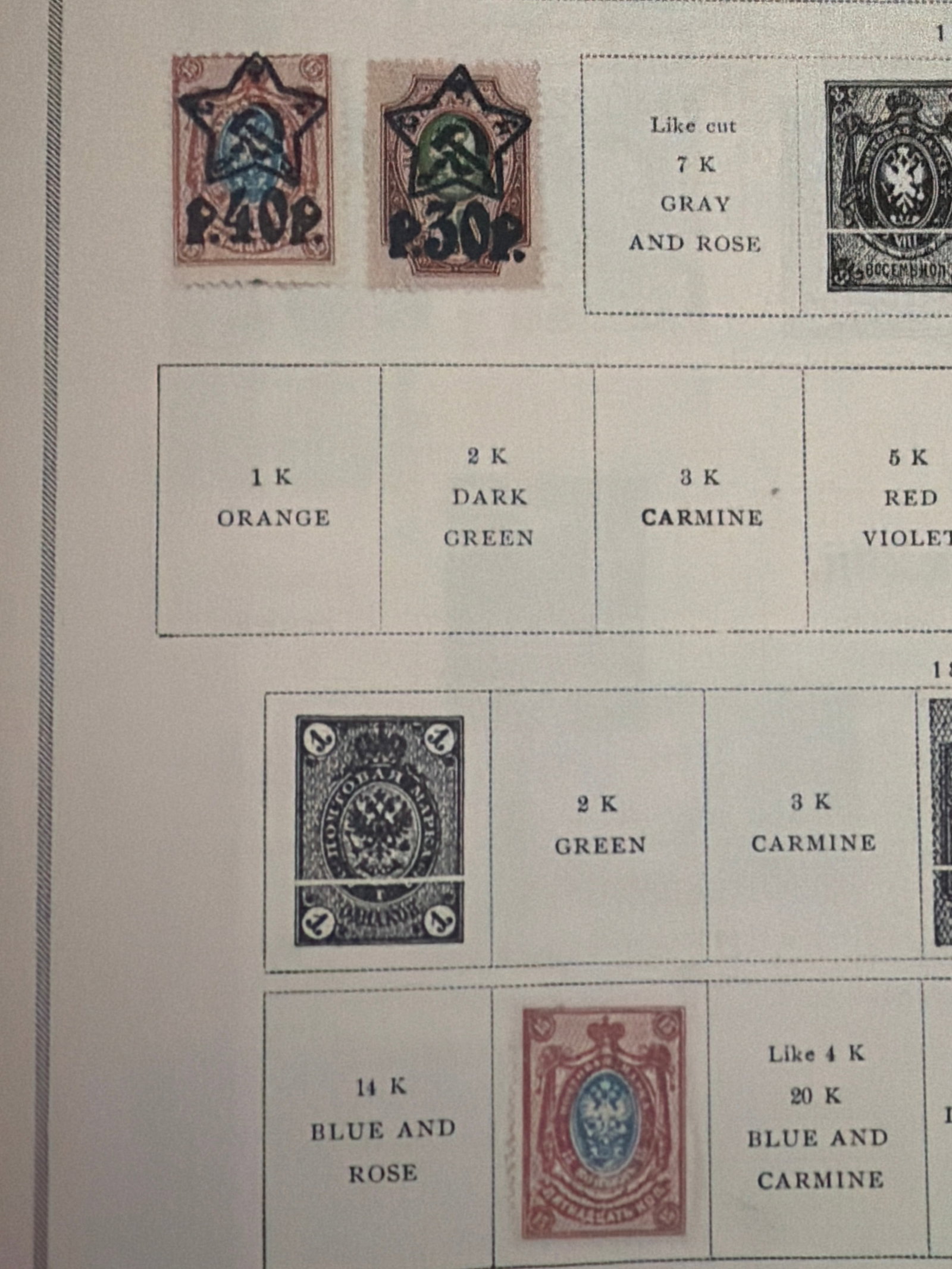 Imperial Russia Coat of Arms and Surcharged Stamp Collection: Small Imperial Russian group featuring two heavily surcharged stamps and a rose-and-blue 14-kopek double-headed eagle issue. Black-and-white designs and other spaces on the album page are printed refe