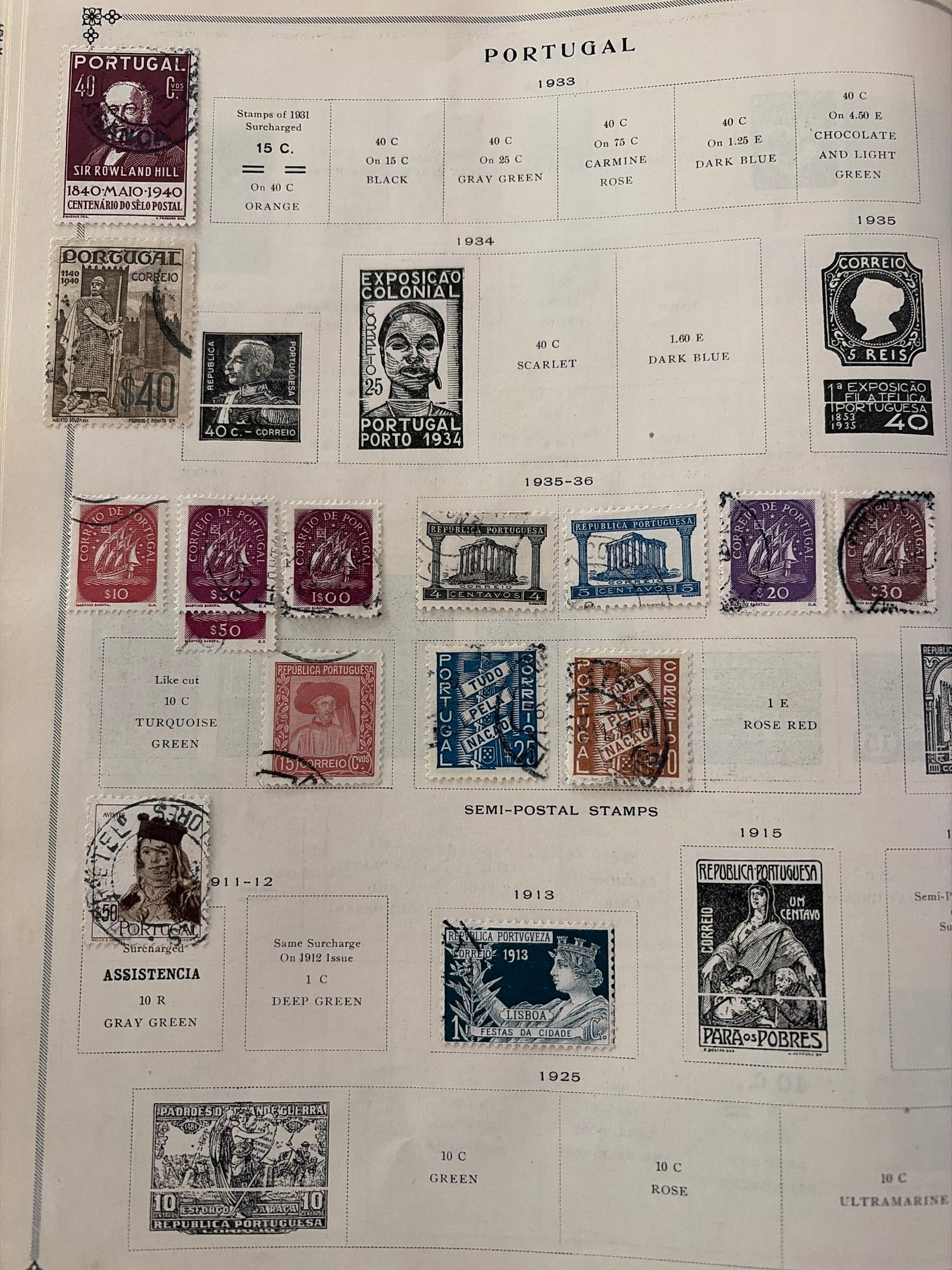 1911-1940 Portugal Portrait and Commemorative Stamp Collection: Portuguese collection featuring Sir Rowland Hill, portrait, monument, allegorical, colonial exhibition, and commemorative issues dating from approximately 1911-1940. Numerous stamps display visible po