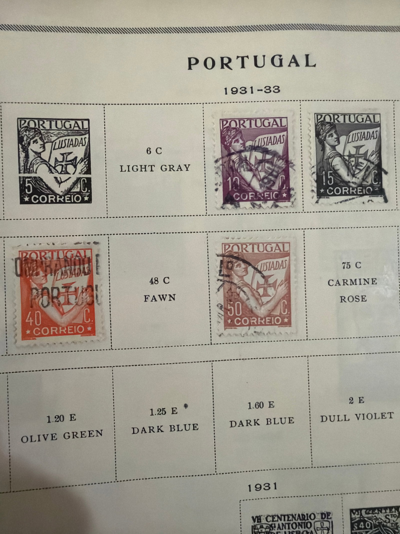 1931-1933 Portugal Allegorical Used Stamp Collection: Four Portuguese stamps from the 1931-1933 issue featuring an allegorical female figure, including 10-, 15-, 40-, and 50-centavo denominations. All four stamps display visible postal cancellations. The