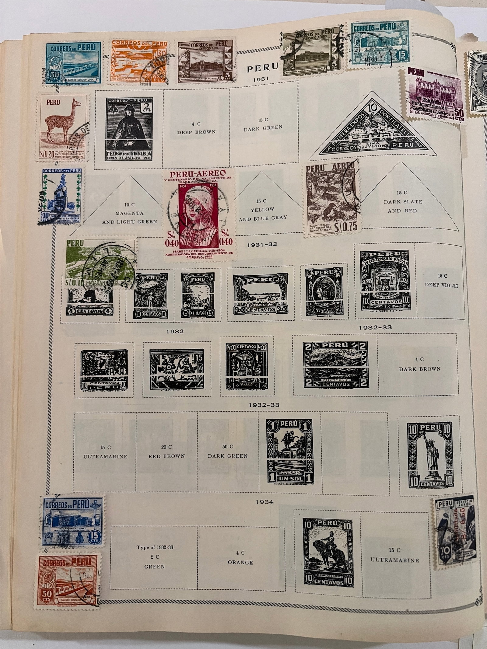 1931-1934 Peru Airmail Historical and Commemorative Stamp Collection: Peruvian collection featuring airmail, wildlife, historical figures, monuments, architecture, and commemorative issues dating from approximately 1931-1934. Numerous stamps display visible postal cance