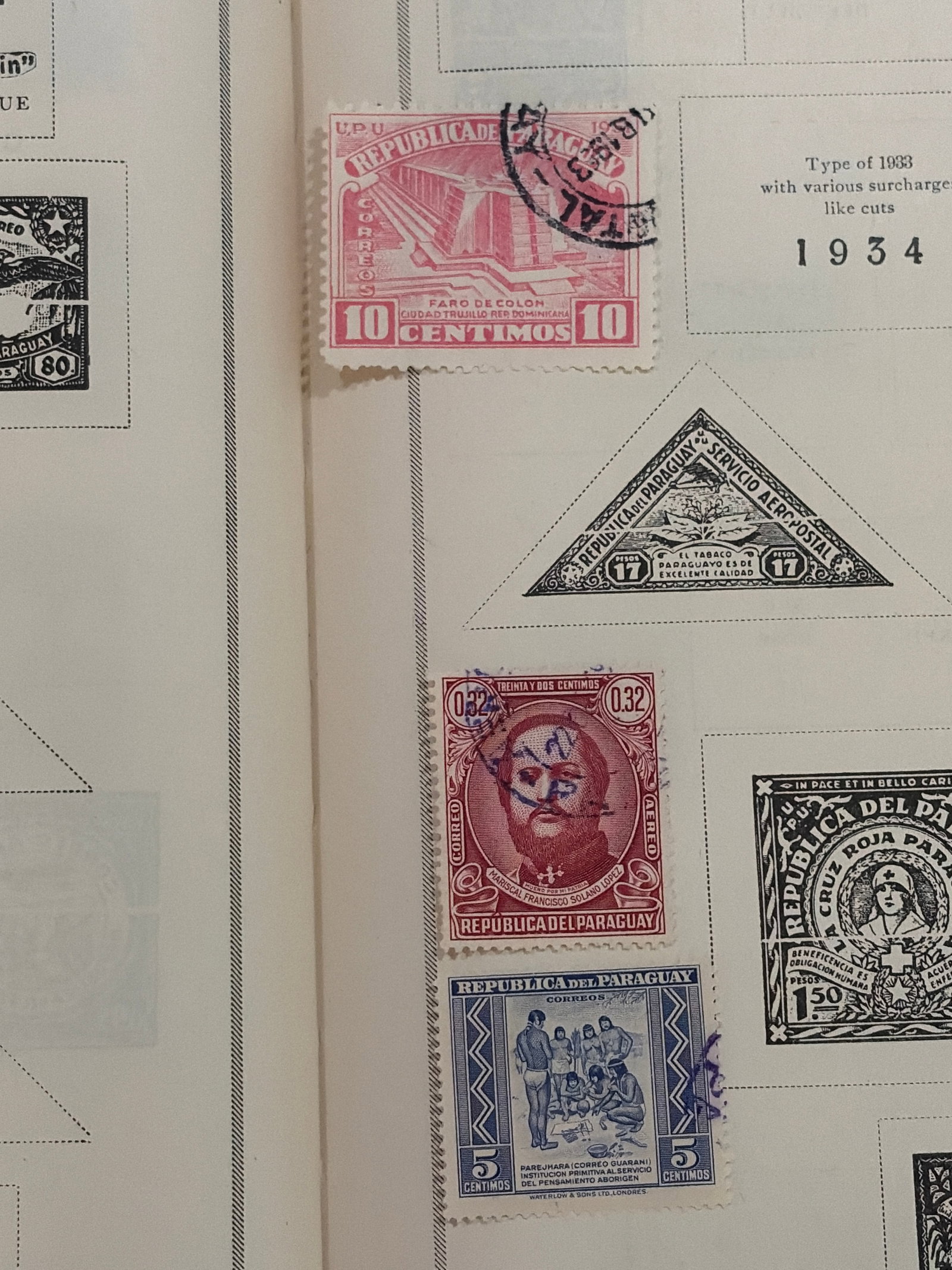 1930s Paraguay Lighthouse Portrait and Social Welfare Stamp Collection: Three-stamp Paraguayan group featuring the Col?n Lighthouse, a military portrait, and a social-welfare scene. The stamps include 5-, 10-, and 32-centimos denominations and display visible postal cance