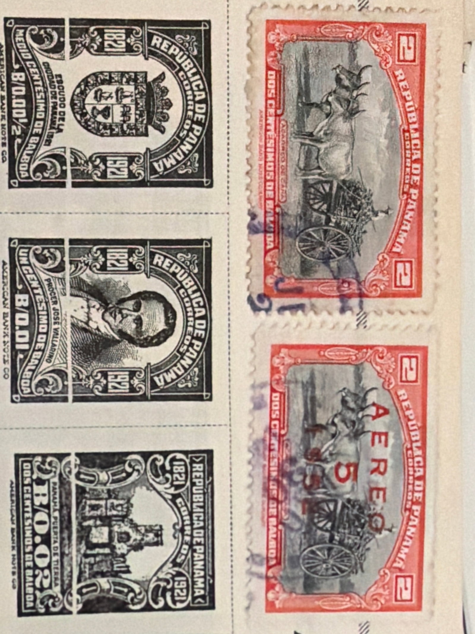 1921-1947 Panama Airmail Portrait and Commemorative Stamp Collection: Panamanian collection featuring airmail overprints, portraits, monuments, historical anniversaries, education, and commemorative issues dating from approximately 1921-1947. Several stamps display visi