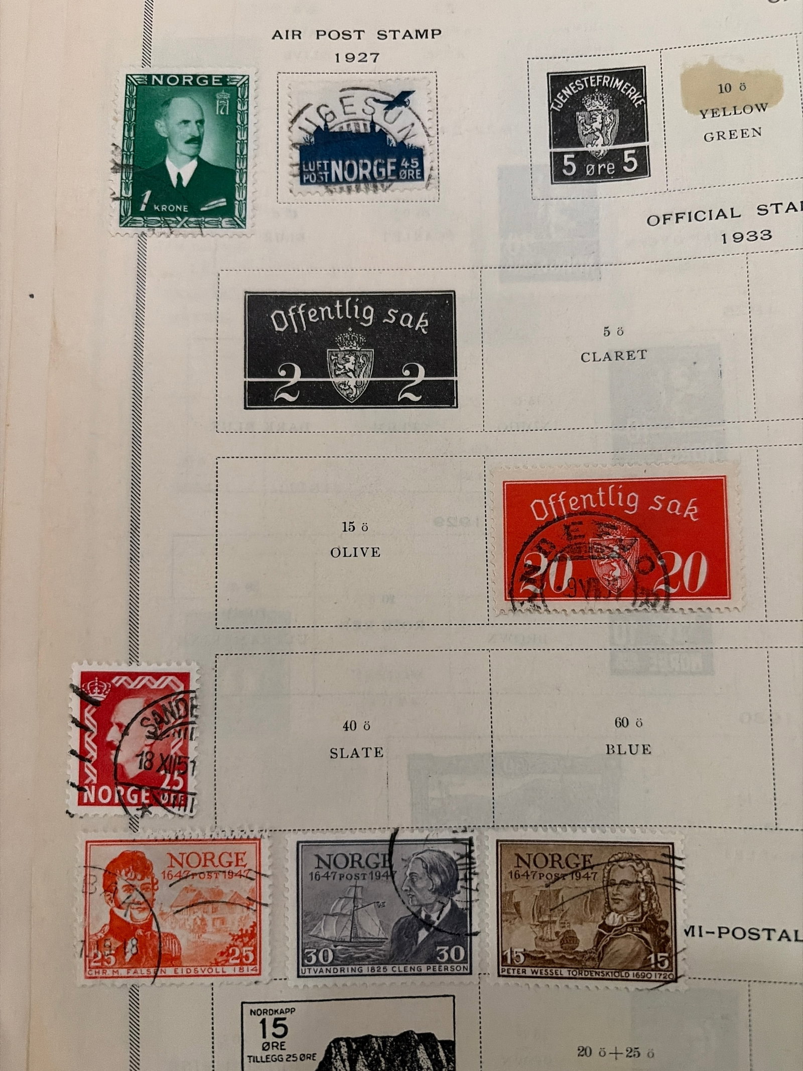 1927-1947 Norway Airmail Official and Commemorative Stamp Collection: Norwegian collection featuring airmail, official, portrait, maritime, and commemorative issues dating from approximately 1927-1947. Several stamps display visible postal cancellations. Black-and-white