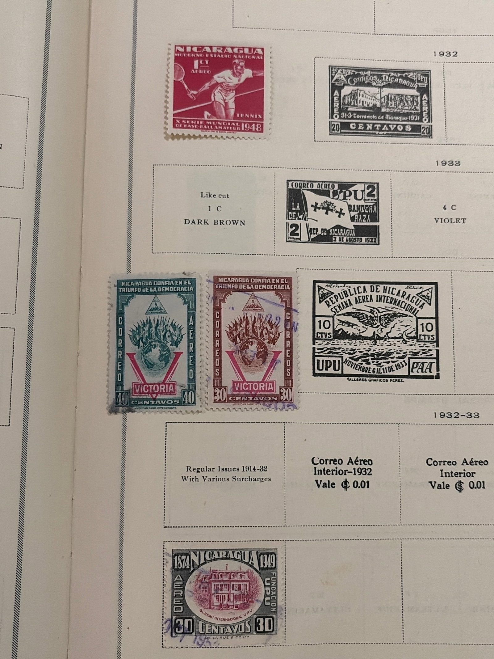 1930s-1940s Nicaragua Airmail Tennis and Commemorative Stamp Collection: Nicaraguan collection featuring a 1948 tennis airmail stamp, Victory and democracy commemoratives, and a 1949 Universal Postal Union issue. Several stamps display visible postal cancellations. Black-a