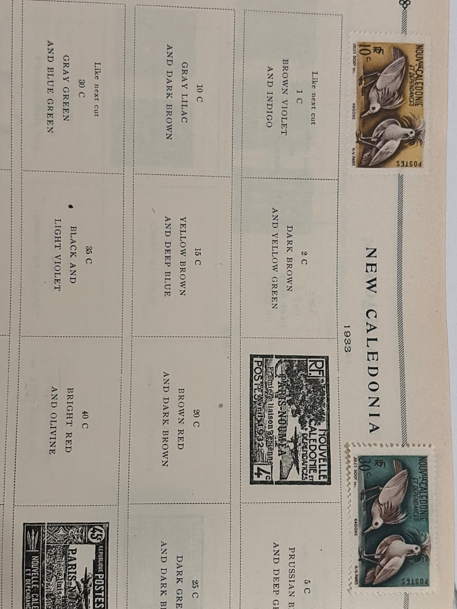 New Caledonia 10- and 30-Franc Bird Stamp Pair: Pair of New Caledonia stamps featuring native kagu birds, including 10-franc brown-yellow and 30-franc green-blue denominations. No visible postal cancellations appear in the photograph. The central b