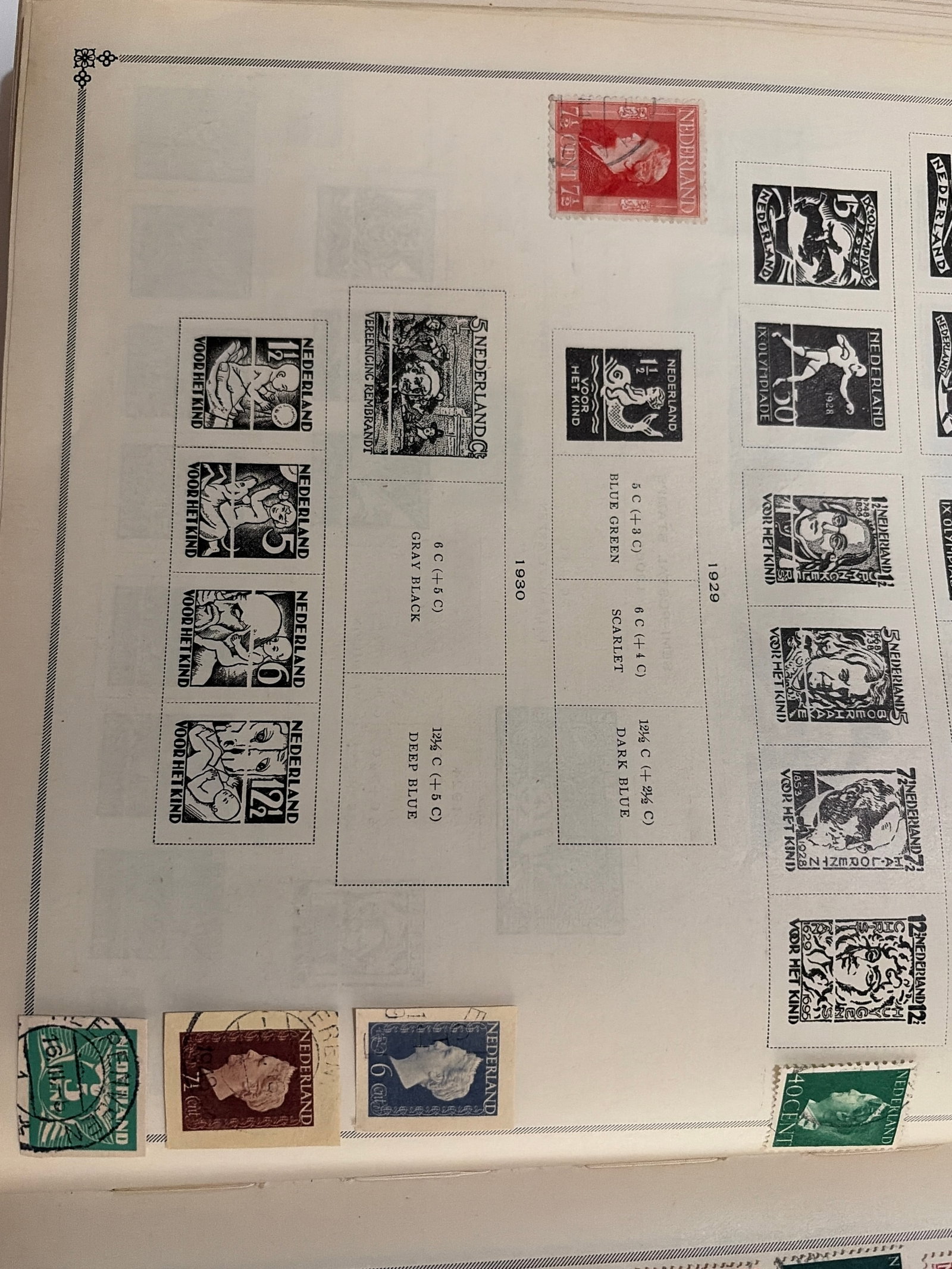 1929-1930 Netherlands Queen Wilhelmina Used Stamp Collection: Small Netherlands collection featuring Queen Wilhelmina portrait stamps in several colors and denominations from approximately 1929-1930. The stamps display visible postal cancellations.
