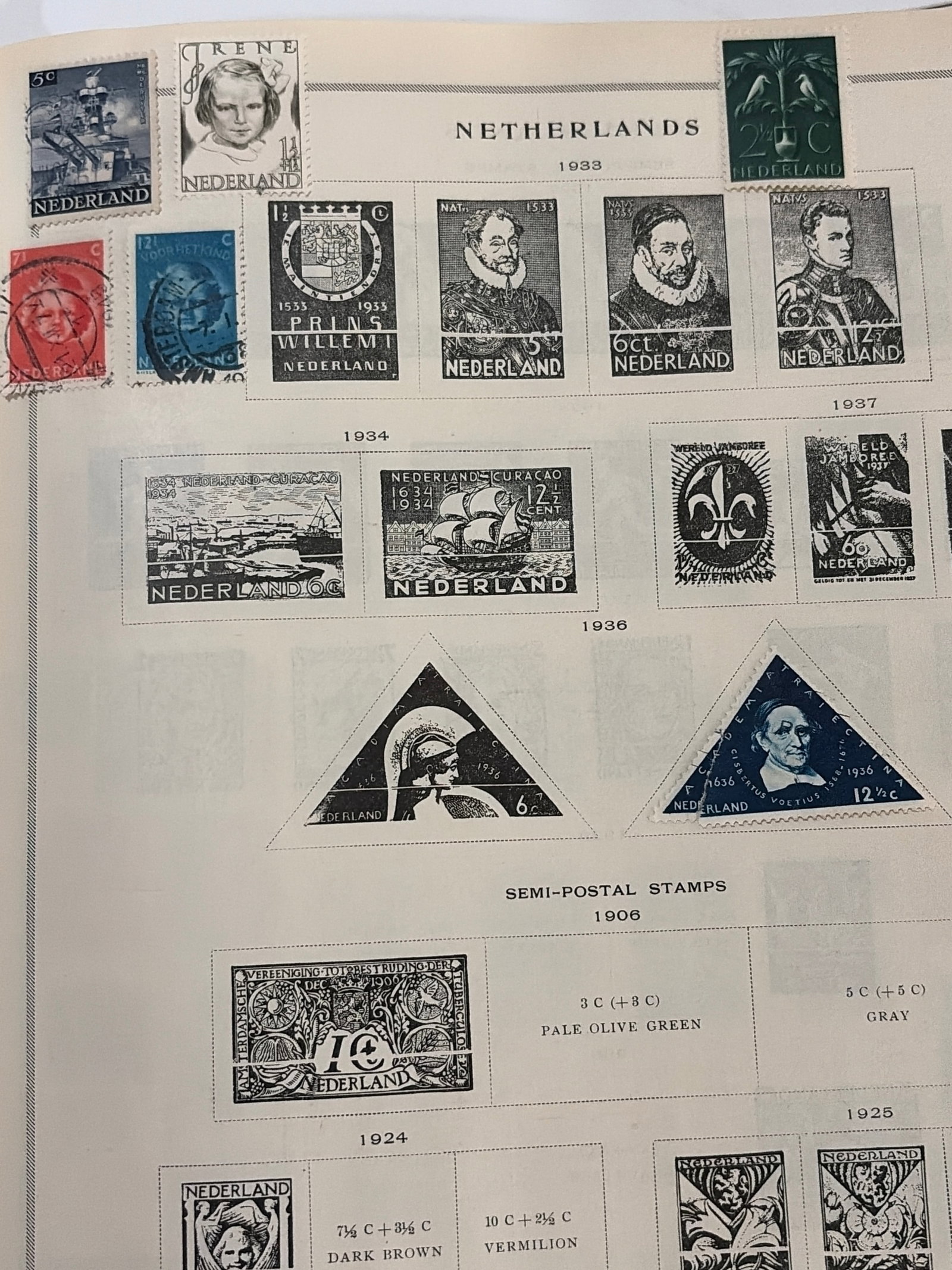 1932-1937 Netherlands Portrait and Commemorative Stamp Collection: Netherlands collection featuring portrait definitives, cultural commemoratives, triangular semi-postal issues, and historical designs dating from approximately 1932-1937. Several stamps display visibl