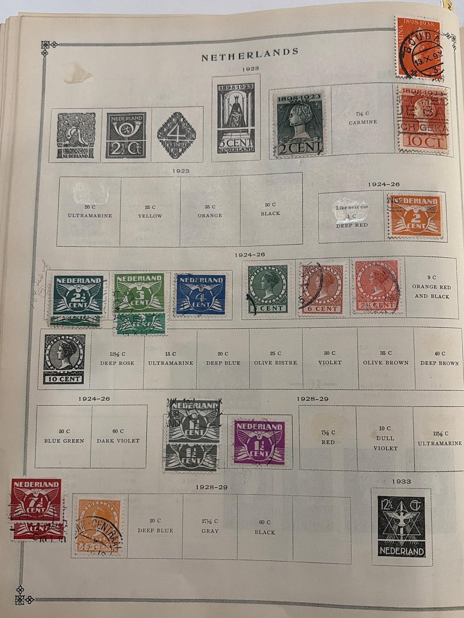 1923-1933 Netherlands Numeral and Queen Wilhelmina Stamp Collection: Netherlands collection featuring Queen Wilhelmina portraits, anniversary stamps, numeral definitives, and commemorative issues dating from approximately 1923-1933. Numerous stamps display visible post