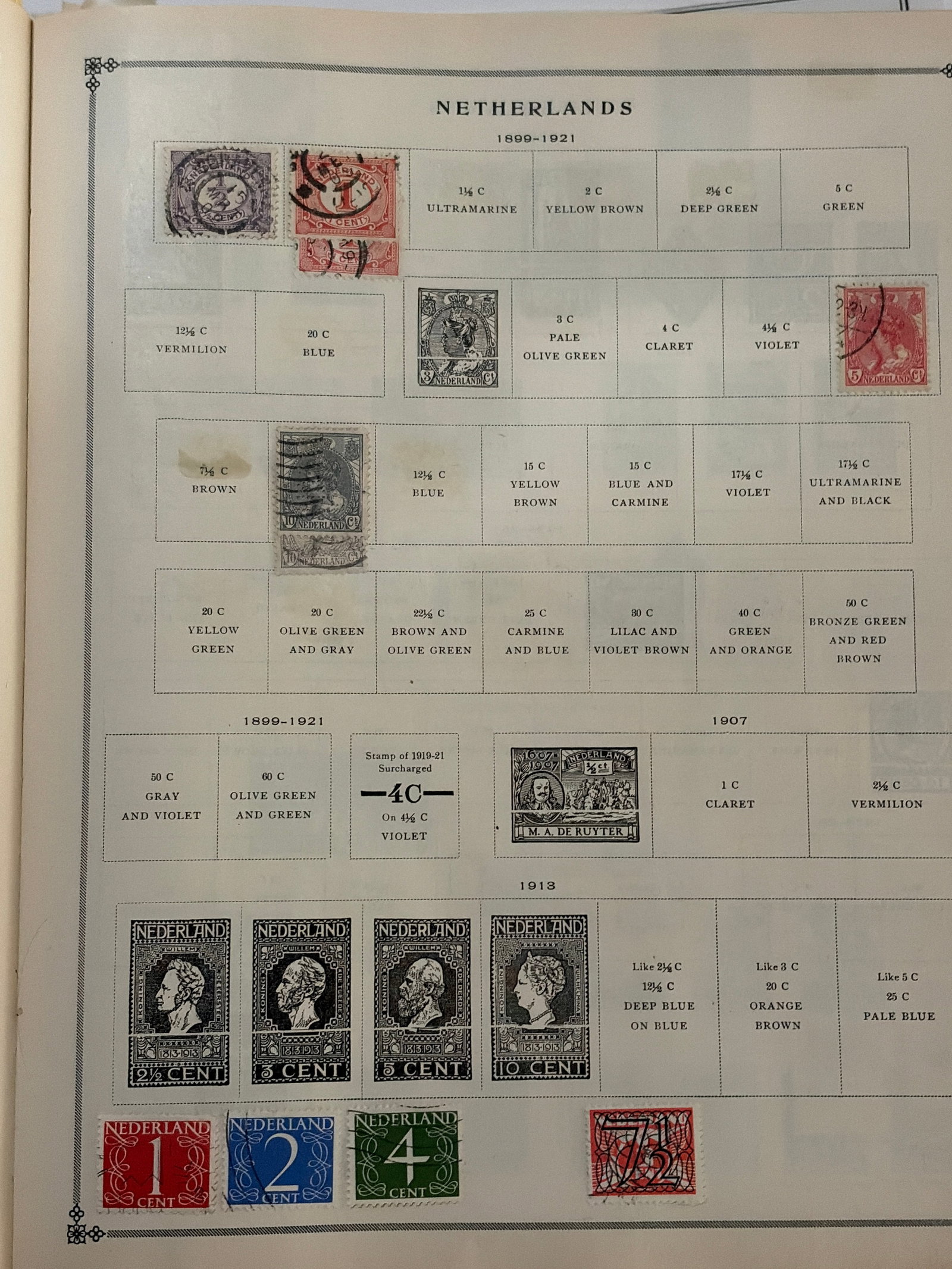 1899-1921 Netherlands Queen Wilhelmina and Numeral Stamp Collection: Netherlands collection featuring early Queen Wilhelmina portrait issues, numeral stamps, and commemorative designs dating from approximately 1899-1921, with several later numeral stamps also displayed