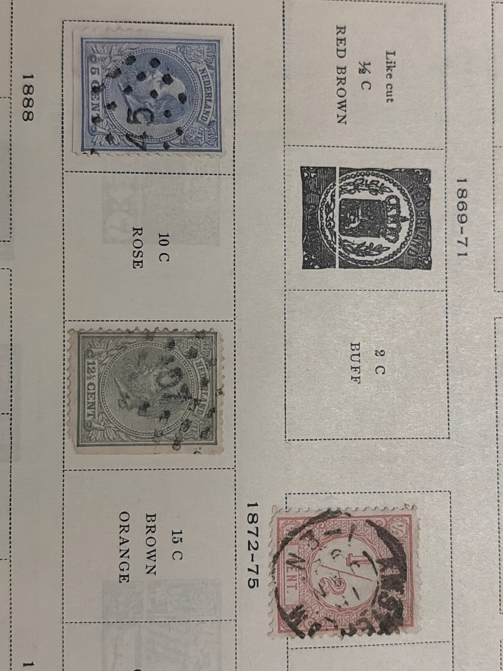 1872-1888 Netherlands Indies King William III Used Stamp Group: Group of three Netherlands Indies stamps from approximately 1872-1888, including King William III portrait issues in blue-gray, gray-green, and rose. All three stamps display prominent postal or