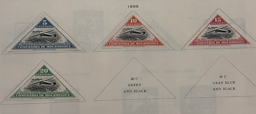 1935 Belgian Congo Triangular Airmail Stamp Collection: Four triangular Belgian Congo airmail stamps from the 1935 issue featuring aircraft flying above the Congo landscape. The group includes 5-, 10-, 15-, and 20-centime denominations in blue, red, and
