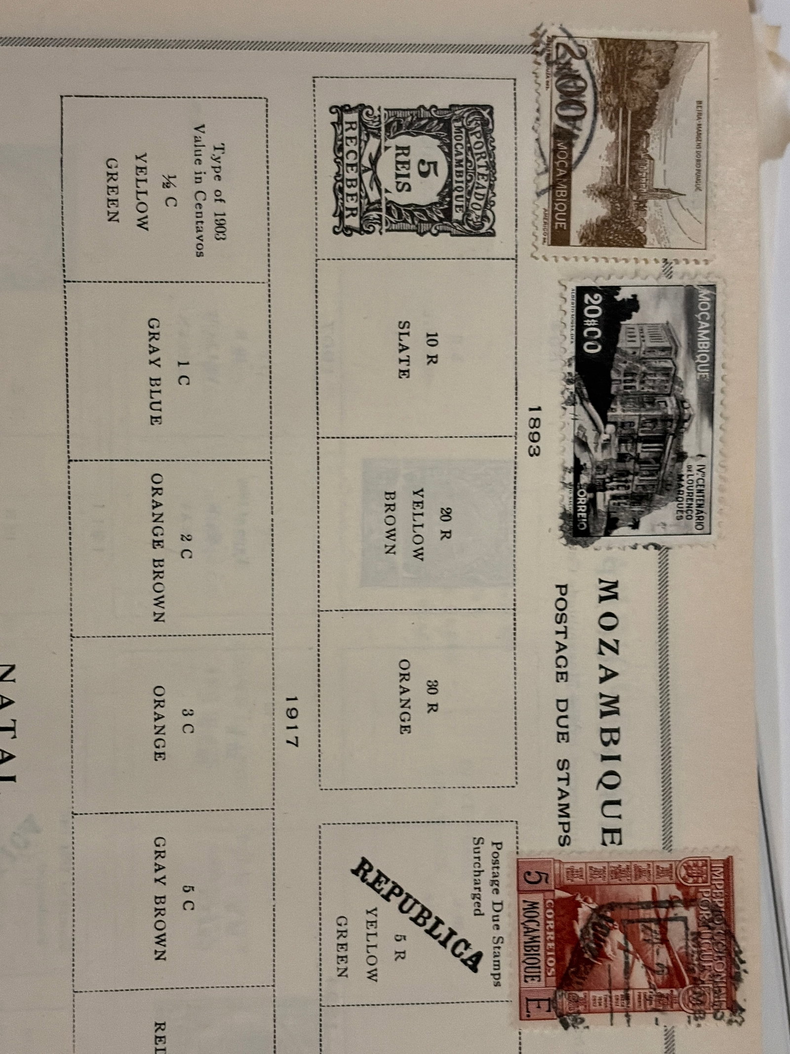 Mozambique Architecture and Postage Due Used Stamp Collection: Small Mozambique collection featuring architectural and landscape issues together with a five-reis postage-due stamp. The physical stamps display visible postal cancellations. Black-and-white designs 