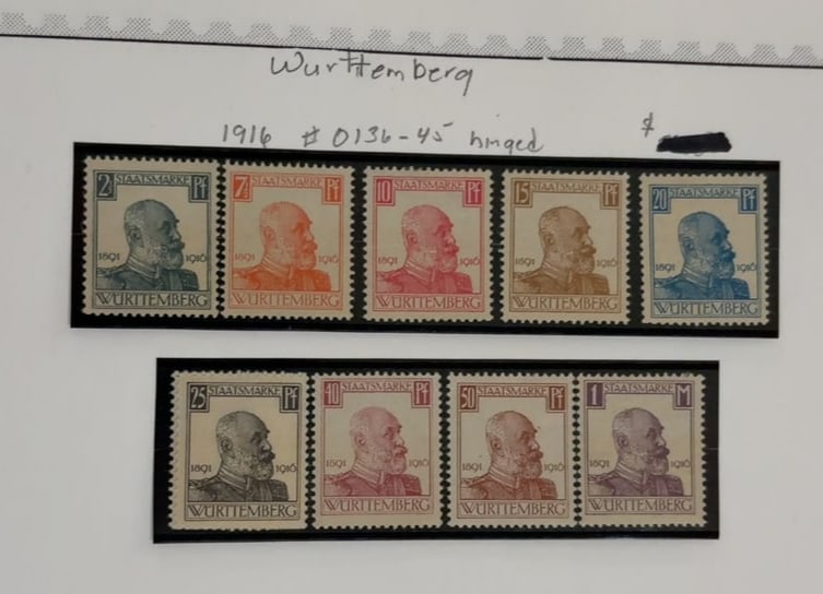 Wurttemberg 1916 State Stamp Portrait Set: German Wurttemberg group of nine 1916 Staatsmarke stamps portraying King Wilhelm II, arranged in two strips and including denominations from 2? pfennig through 1 mark. The stamps appear unused with ge