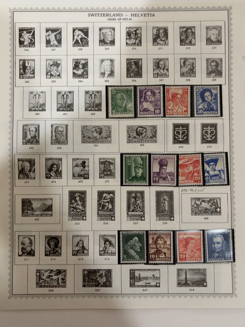 Switzerland Pro Juventute 1936, 1938 and 1941 Semi-Postal Sets: Album page containing 12 physical Swiss Pro Juventute semi-postal stamps: four portrait and costume designs from 1936, four historical costume designs from 1938 and four portrait designs from 1941.