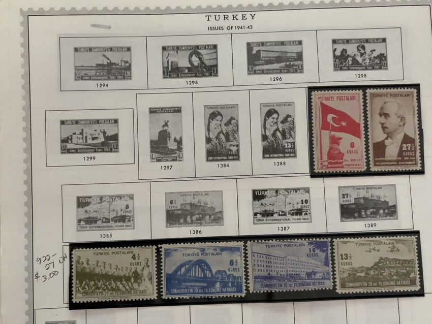 Turkey 1941-1943 Republic Anniversary Stamps: Group of six physical Turkish stamps from an album page covering 1941?1943. Included are two ?smet ?n?n? portrait stamps and four stamps commemorating the twentieth anniversary of the Turkish Republic