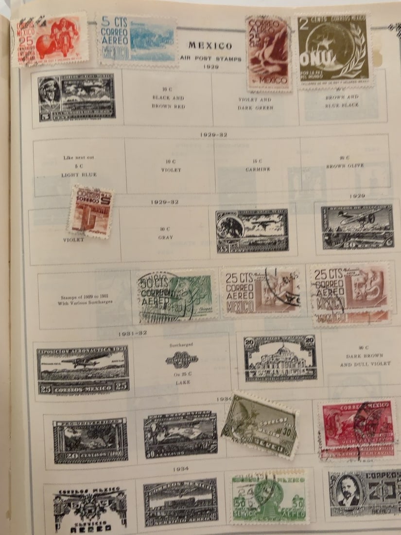Mexico 1928-1934 Air Post and Surcharged Stamp Collection: Album page containing approximately 12 physical Mexican airmail, commemorative and surcharged stamps from the late 1920s through early 1930s. Assorted aircraft, portrait and symbolic designs are repre