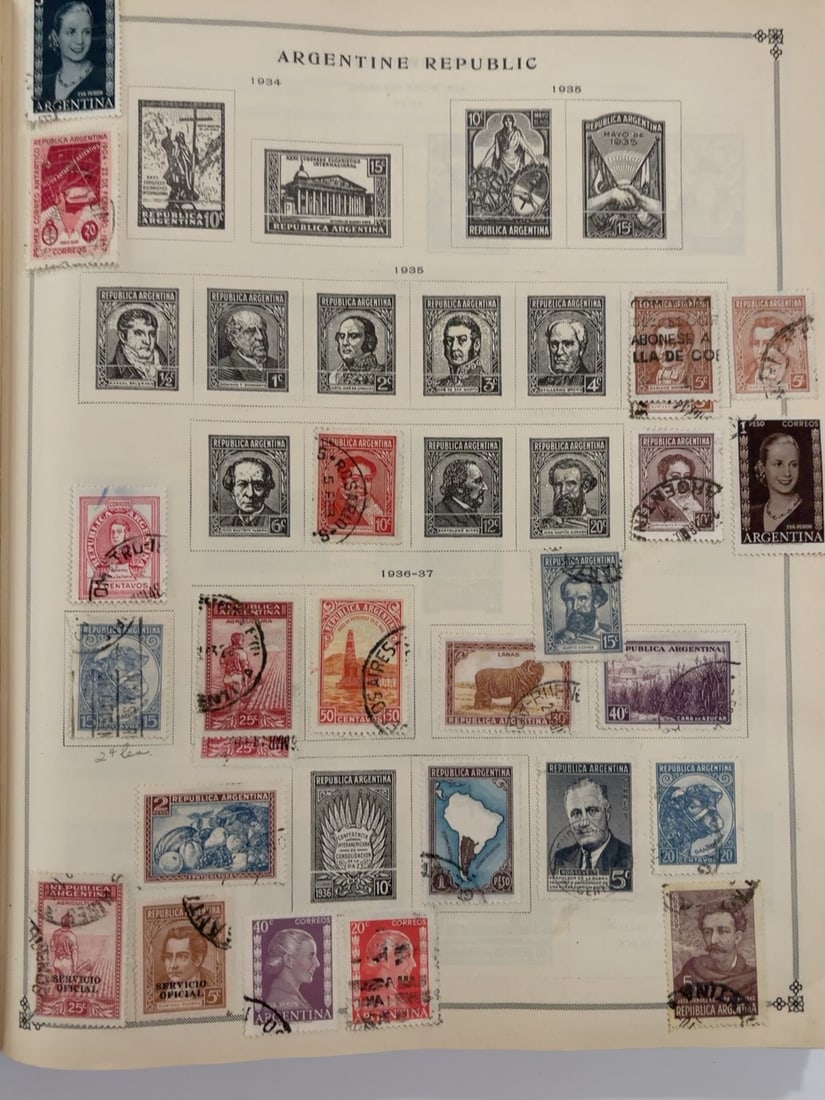 Argentina 1934?1937 Vintage Postage Stamp Collection Page: Collection page containing approximately 30 Argentine postage and official stamps dating primarily from 1934 through 1937. Designs include portraits, Eva Per?n, landscapes, animals, agriculture, monum