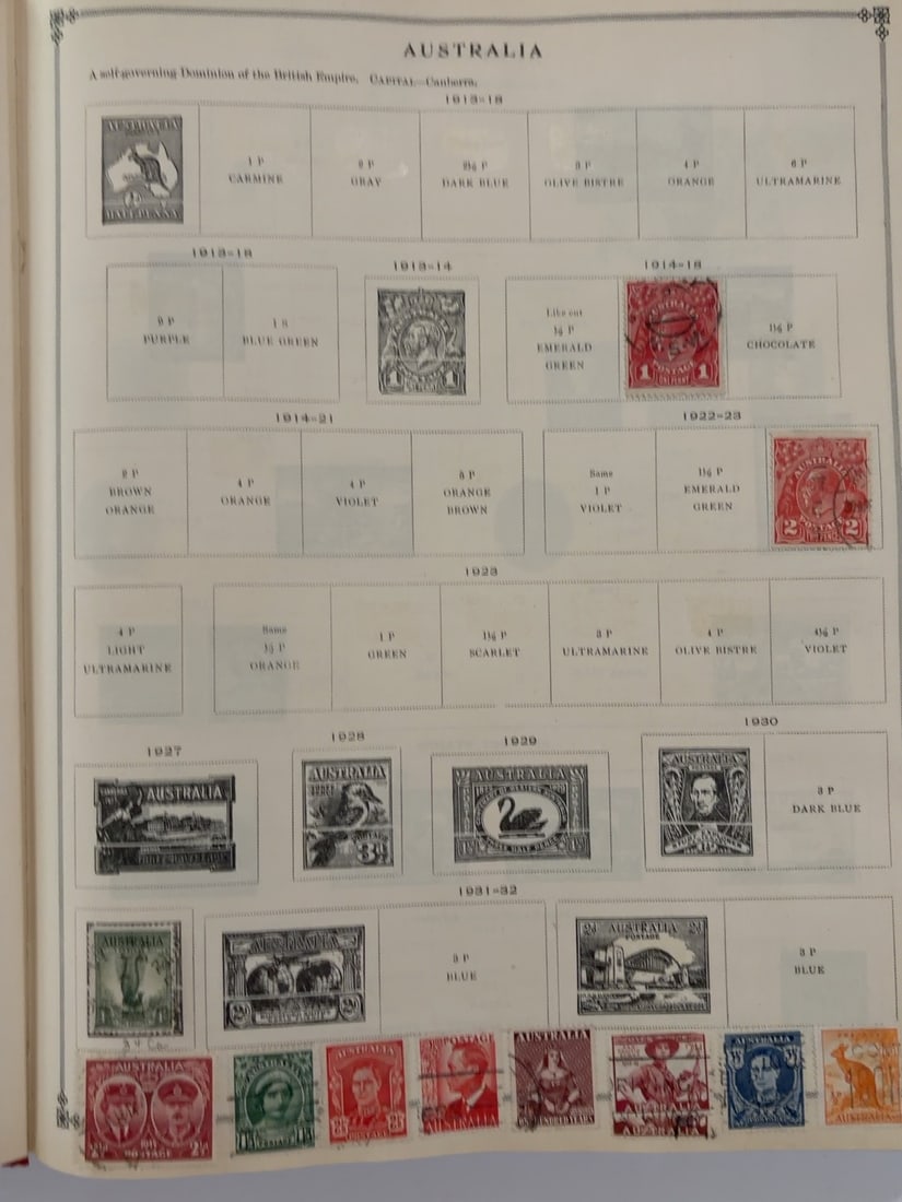 Australia 1913-1930s Vintage Postage Stamp Collection Page: Vintage Australian postage stamp collection page containing approximately 17 stamps from the 1910s through the 1930s. Includes kangaroo, King George V, commemorative, architectural, portrait, and