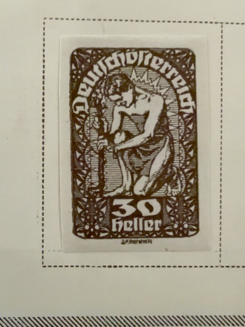 Vintage Austria 30 Heller Allegorical Postage Stamp: Vintage Austrian 30-heller stamp bearing the ?Deutsch?sterreich? inscription and an allegorical figural design. Brown engraved appearance with imperforate edges. Presented exactly as photographed.