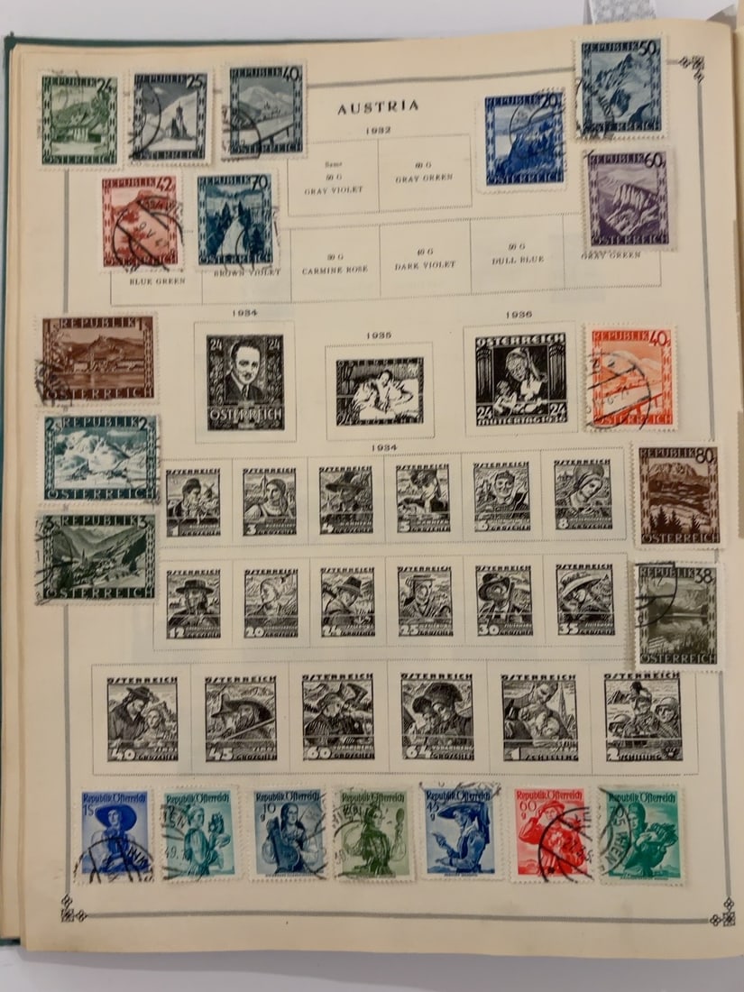 Austria 1932-1936 Vintage Postage Stamp Collection Page: Collection page containing approximately 35 Austrian stamps from the 1932?1936 period. Includes landscape, architectural, portrait, occupational and commemorative designs in numerous denominations