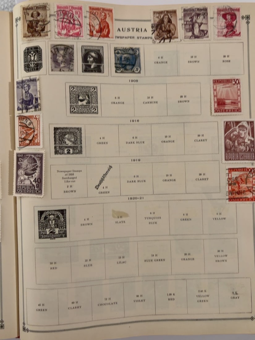 Austria Newspaper & Republic Postage Stamp Collection Page: Mixed collection of Austrian newspaper and regular postage stamps spanning several early and mid-20th-century issues. Includes portrait, numeral, allegorical, architectural and commemorative designs i
