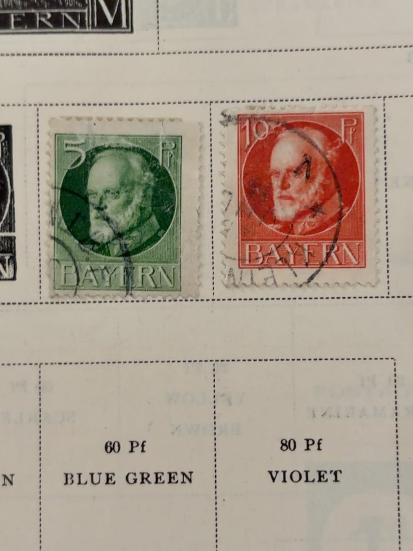 Vintage Bavaria 5 & 10 Pfennig Portrait Stamp Pair: Pair of used Bavarian postage stamps in 5-pfennig green and 10-pfennig red denominations. Both feature a bearded royal portrait and visible circular postal cancellations. Presented exactly as