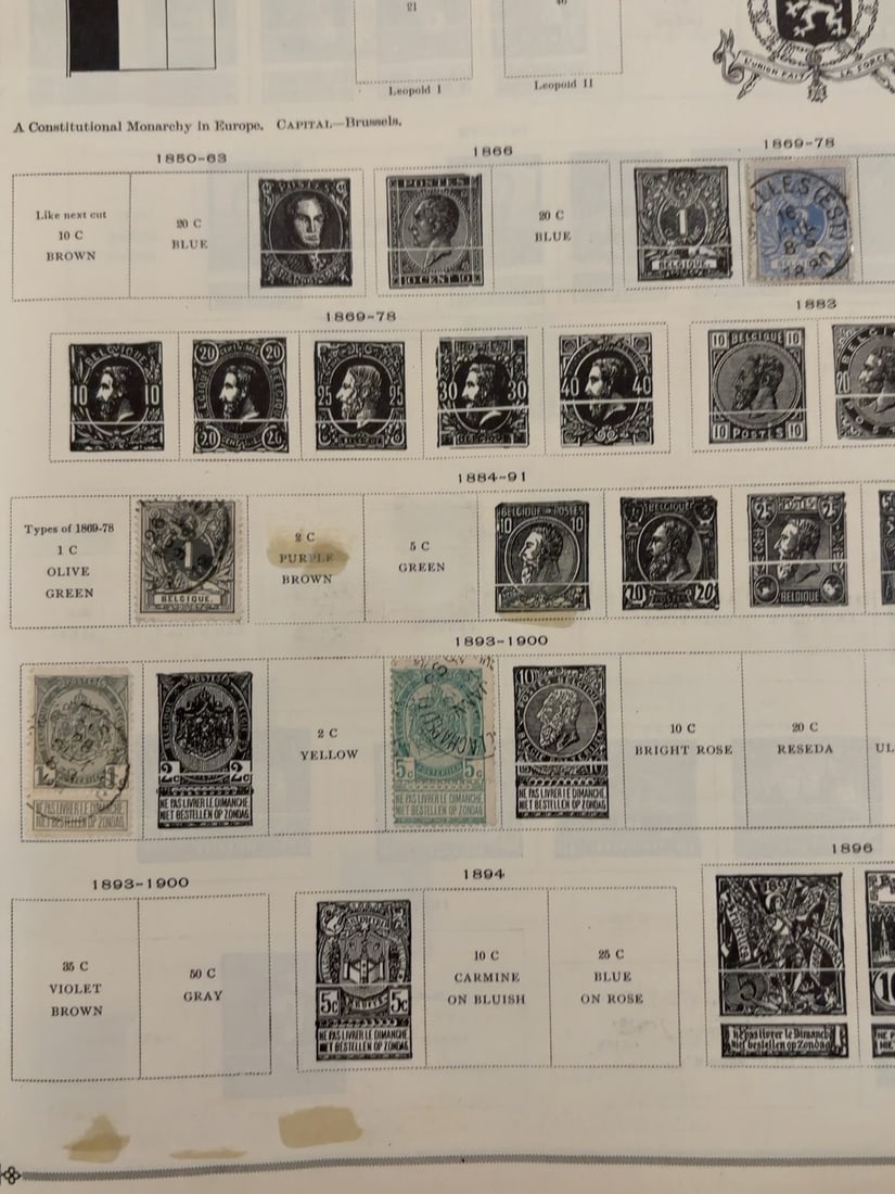 Belgium 1850-1899 Classic Postage Stamp Collection Page: Classic Belgian postage stamp collection page containing approximately 20 stamps issued between the 1850s and 1890s. Includes early royal portraits, numeral designs, coat-of-arms stamps and newspaper-