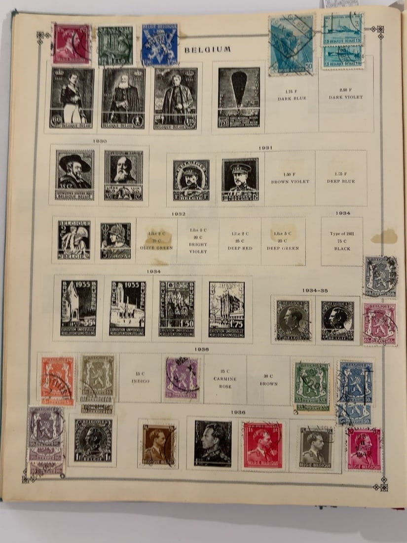 Belgium 1930-1936 Vintage Postage Stamp Collection Page: Large collection page containing approximately 35 Belgian postage stamps from the 1930?1936 period. Designs include royal portraits, military figures, exhibition commemoratives, heraldic lions, archit