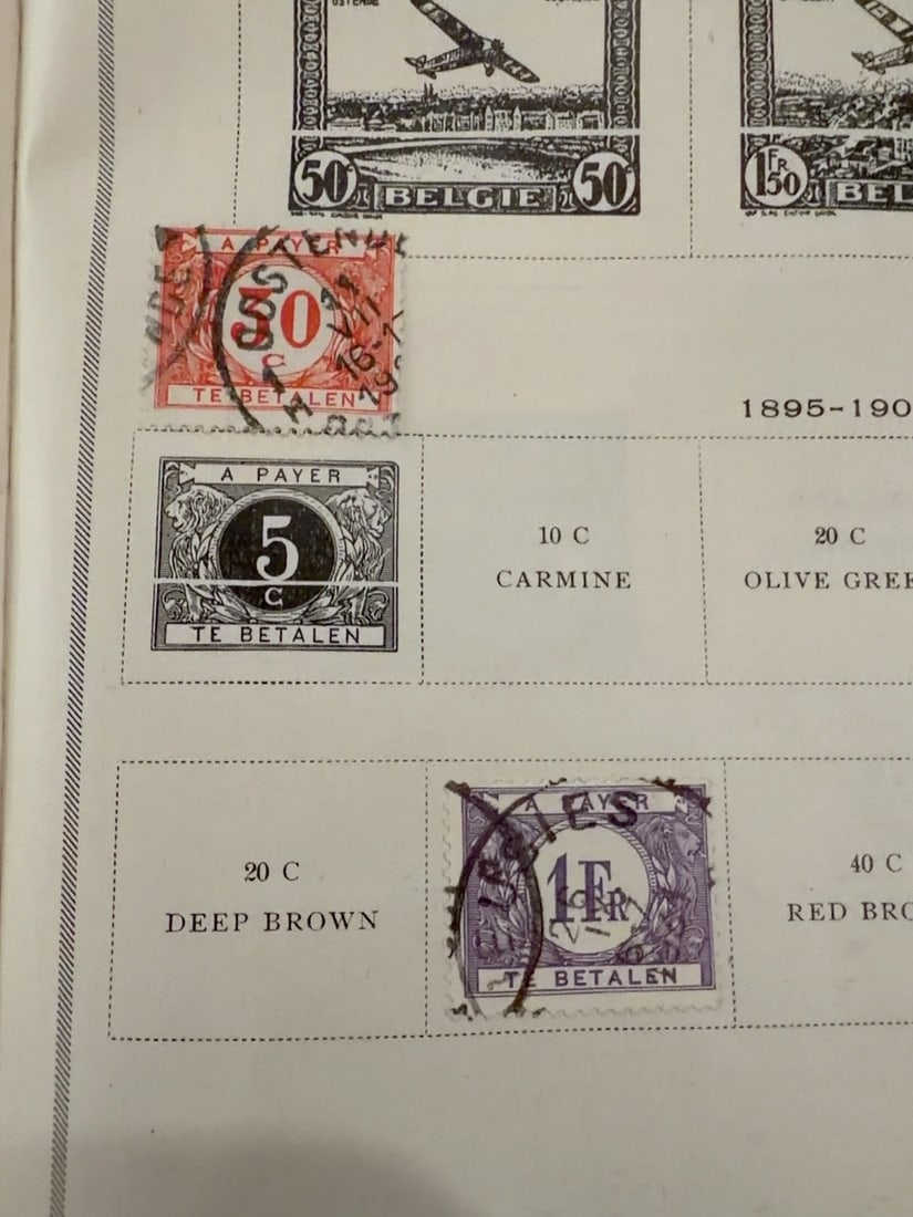 Belgium 1895-1900 Postage Due Stamp Group: Group of three used Belgian postage-due stamps from the late 19th century. Includes 5-centime, 30-centime and 1-franc denominations bearing the bilingual ?? Payer/Te Betalen? inscription. Visible post