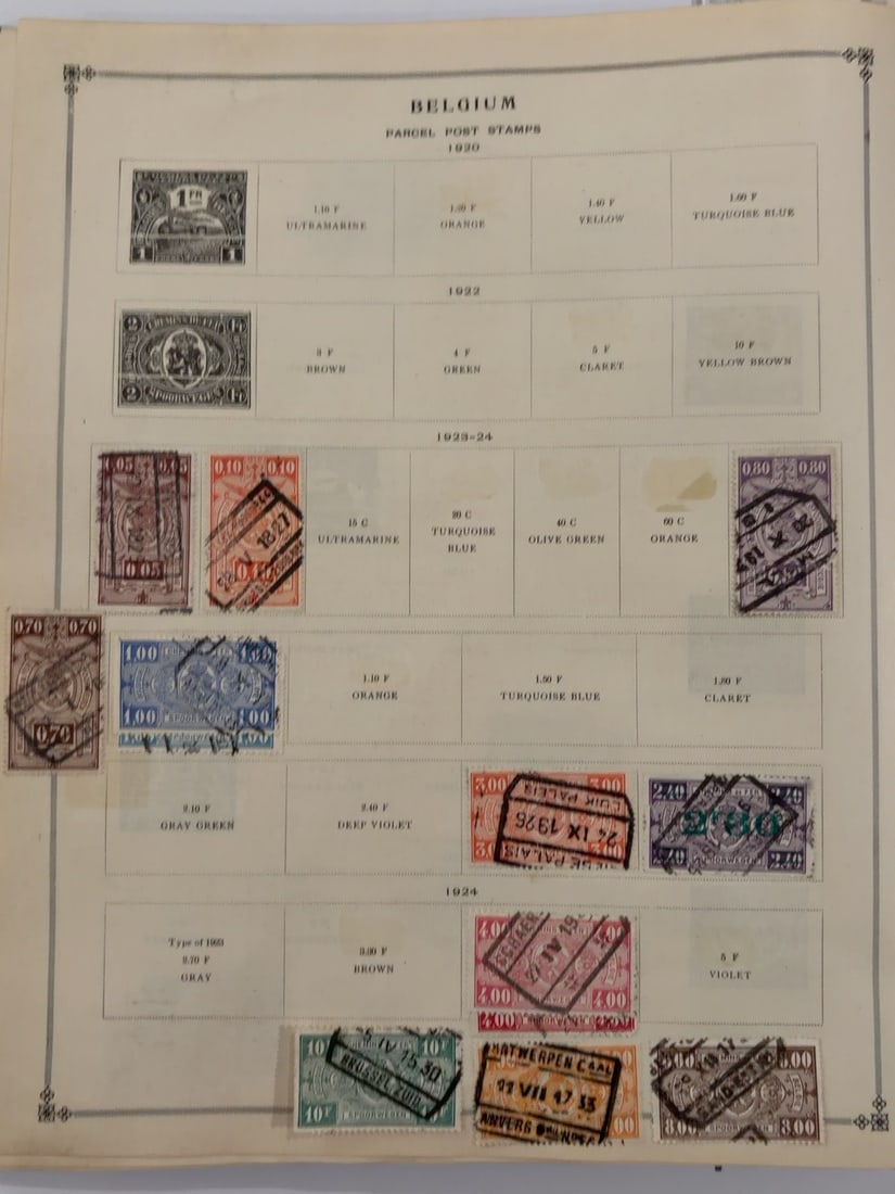 Belgium 1920-1934 Railway Parcel Post Stamp Collection Page: Collection page containing approximately 13 Belgian railway parcel-post stamps dating from about 1920 through 1934. Includes multiple denominations and colors with bilingual ?Chemins de Fer/Spoorwegen