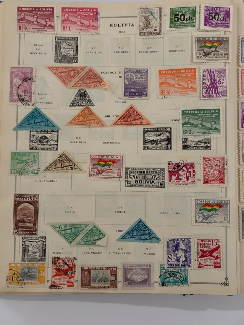 Bolivia 1935 Vintage Postage & Airmail Stamp Collection Page: Large collection page containing approximately 40 Bolivian postage and airmail stamps from the mid-1930s. Includes triangular airmail issues, flag designs, portraits, maps, aviation subjects and comme
