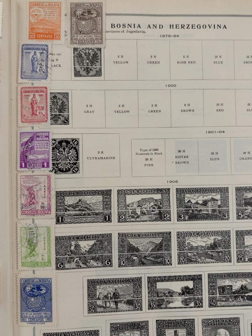 Bosnia & Herzegovina 1879-1906 Stamp Collection Page: Mixed collection page featuring early Bosnia and Herzegovina coat-of-arms and pictorial postage stamps dating from approximately 1879 through 1906. Several later Bolivian commemorative stamps are also