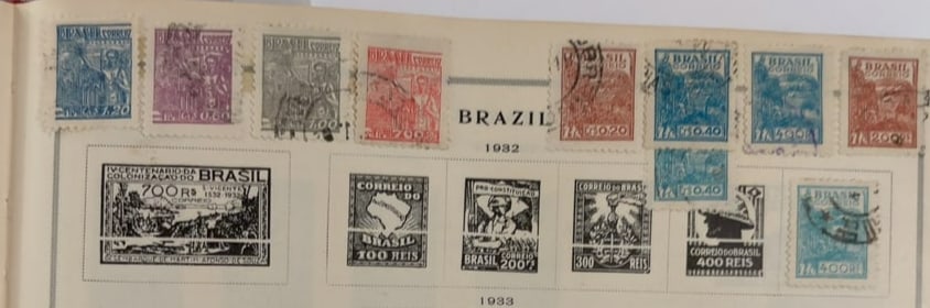 Brazil 1932-1933 Vintage Postage Stamp Collection Page: Collection page containing approximately 15 Brazilian postage and commemorative stamps from the 1932?1933 period. Includes constitutionalist, aviation, architectural, allegorical and portrait designs 