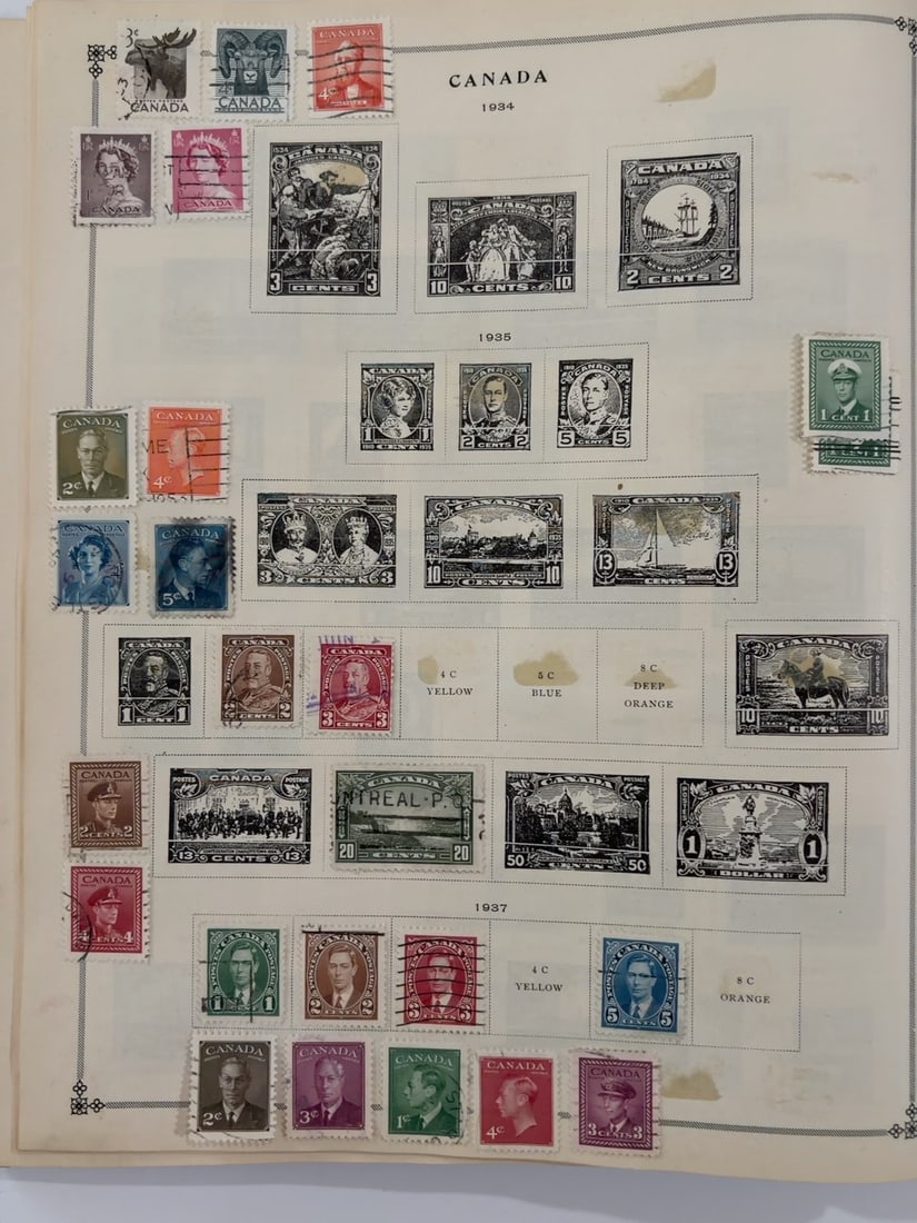 Canada 1934?1937 Vintage Postage Stamp Collection Page: Large Canadian collection page containing approximately 35 postage stamps centered on issues from 1934 through 1937, with several later stamps mounted around the margins. Includes royal portraits, com