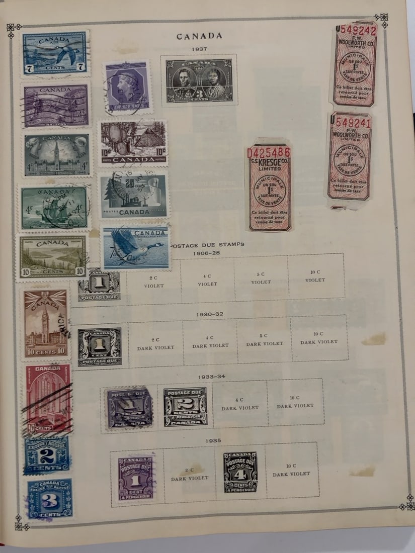 Canada Postage Due, Excise & Municipal Tax Stamp Collection Page: Mixed Canadian collection page featuring regular postage, airmail, commemorative, postage-due and excise stamps. Also includes three numbered Montreal municipal tax tickets issued to Woolworth and Kre