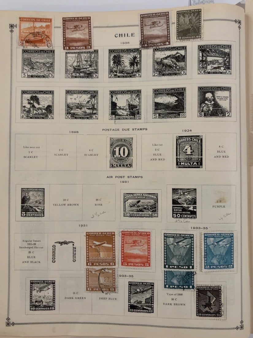 Chile 1931?1936 Postage, Airmail & Postage Due Collection Page: Collection page containing approximately 25 Chilean postage, airmail and postage-due stamps from the 1930s. Includes aviation, ships, landscapes, agriculture, industry and portrait designs in assorted